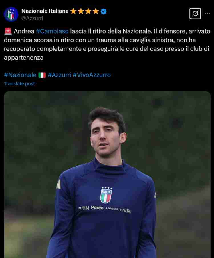 กัมเบียโซถอนตัวจากทีมชาติเนื่องจากอาการบาดเจ็บที่ข้อเท้าซ้าย เตรียมกลับยูเวนตุส