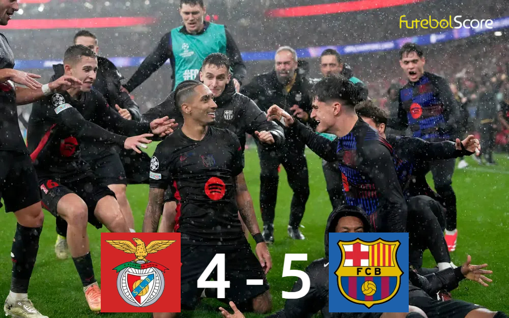 Rafinha marca dois golos e o Barcelona vence o Benfica por 5-4 na Liga dos Campeões