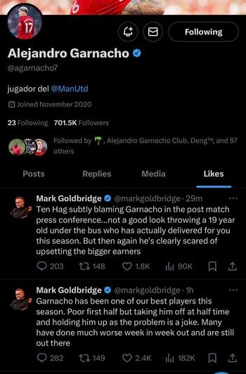 โดนเปลี่ยนพักครึ่ง! การ์นาโชกดไลค์ทวีตอินฟลูฯด่าเทน ฮาก