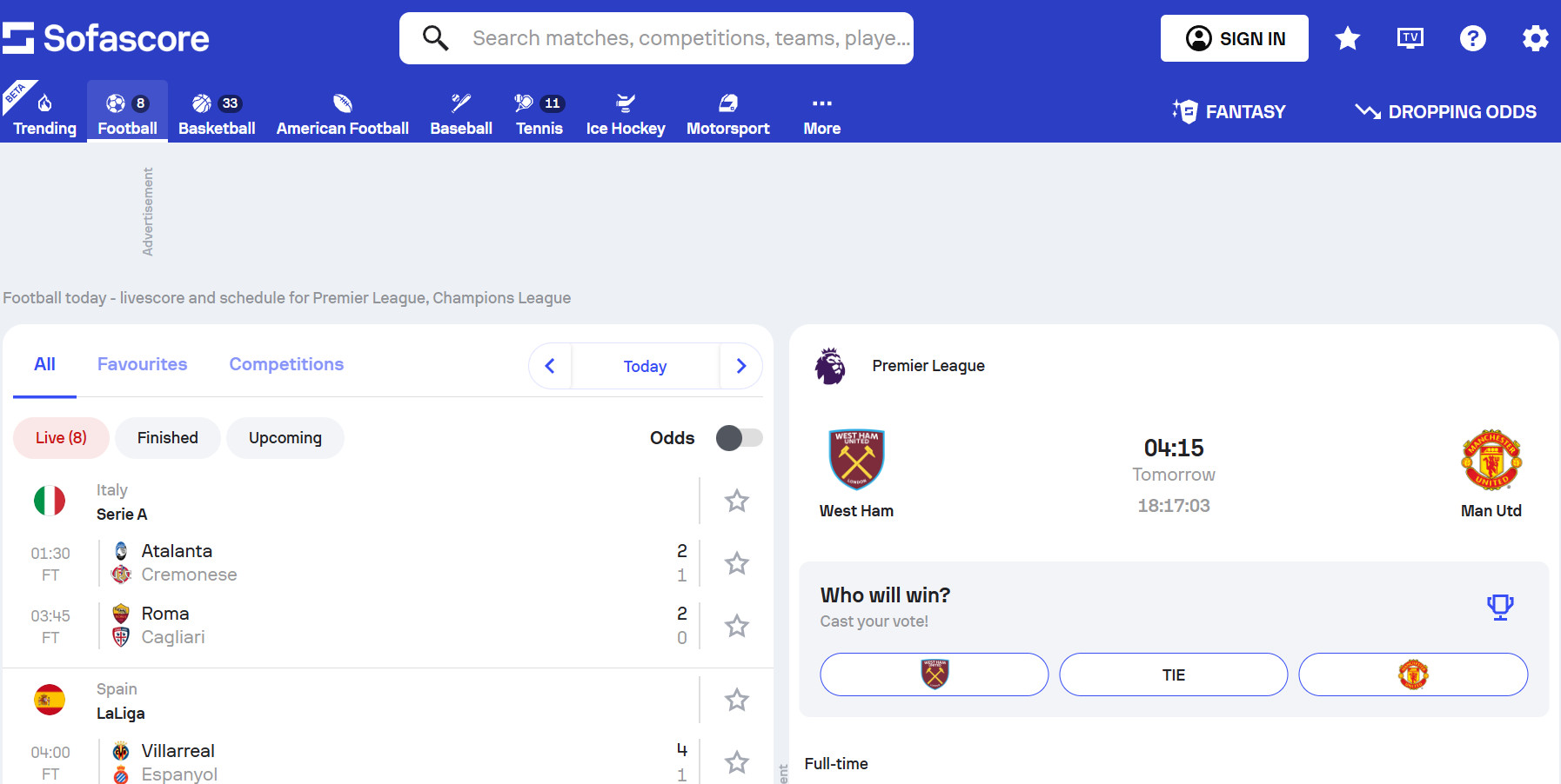 SofaScore nền tảng xem tỷ số bóng đá trực tuyến hôm nay với dữ liệu và biểu đồ trận đấu realtime