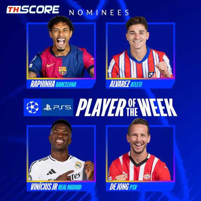 นักเตะยอดเยี่ยมประจำสัปดาห์ของยูฟ่าแชมเปียนส์ลีก: อัลวาเรซ วินิซิอุส ติดโผ