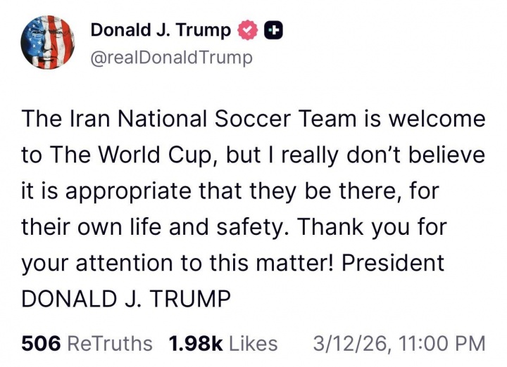 ​ทรัมป์ชี้! ยินดีต้อนรับอิหร่านสู่ฟุตบอลโลก แต่ไม่แนะนำเพื่อความปลอดภัย