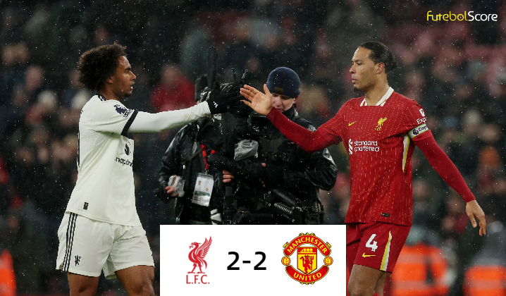 O Manchester United empatou com o Liverpool num dérbi emocionante e impediu que os seus rivais passassem para o topo da tabela da Premier League
