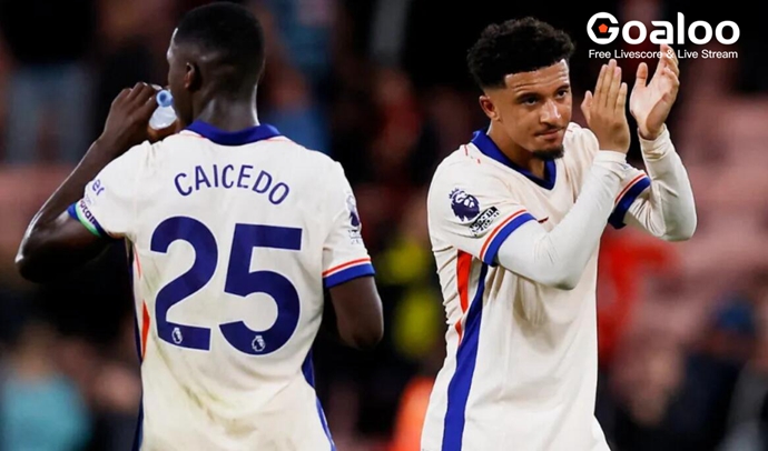 Jadon Sancho reacts to being named man of the match on Chelsea debut