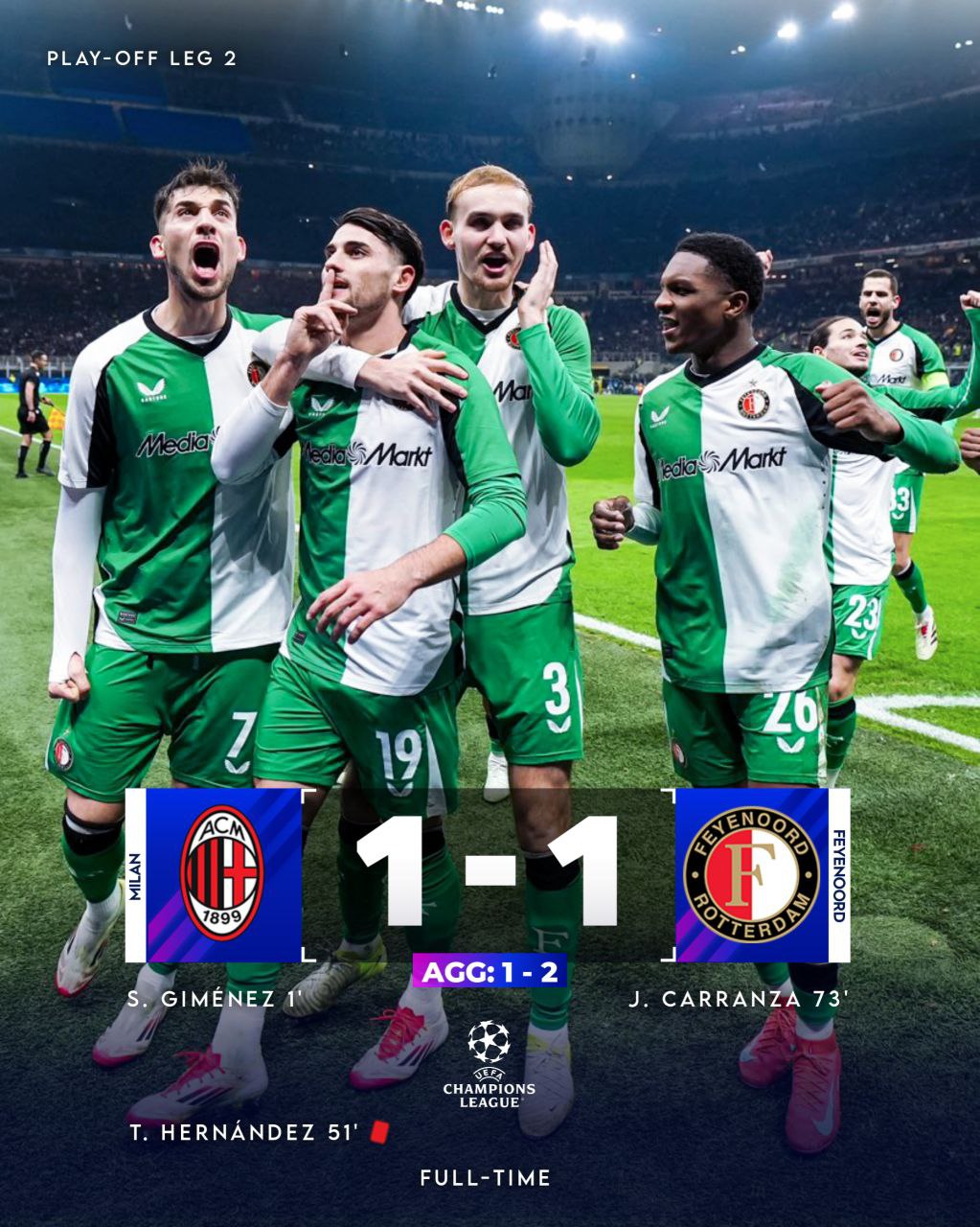Milan was eliminated by Feyenoord with an aggregate score of 1-2